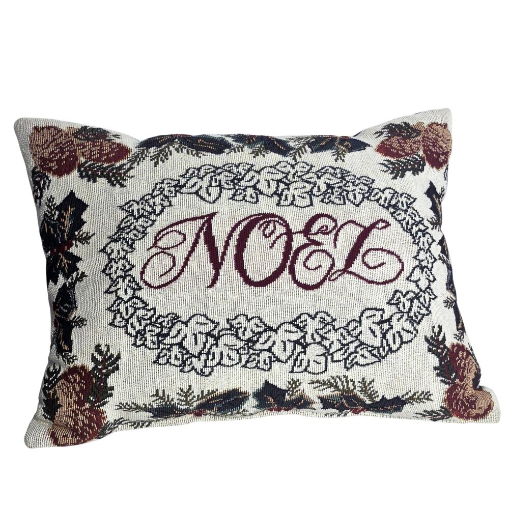Vintage Tapestry Christmas Throw Pillow 'NOEL' Holly & Pinecone Border 15 x 12